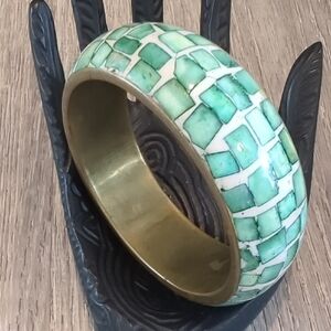 Vintage Mosaic Bone Shell Inlay Brass Bangle